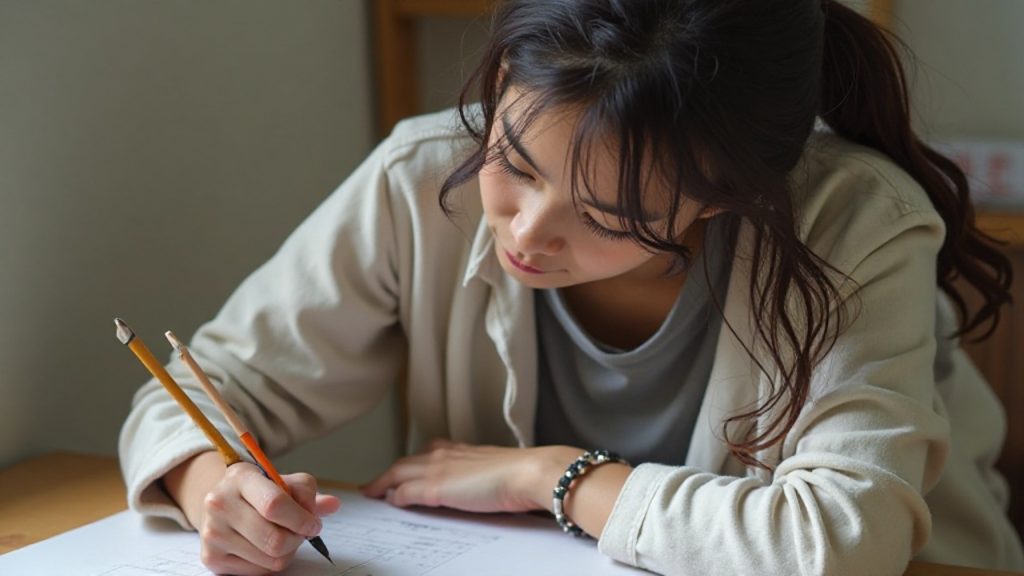 試験勉強にはげむ女子学生
